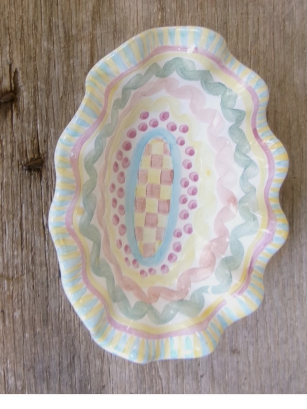 Mackenzie Childs Handpainted Aurora Pattern Fluted Small Dish 1983 5" x 7"